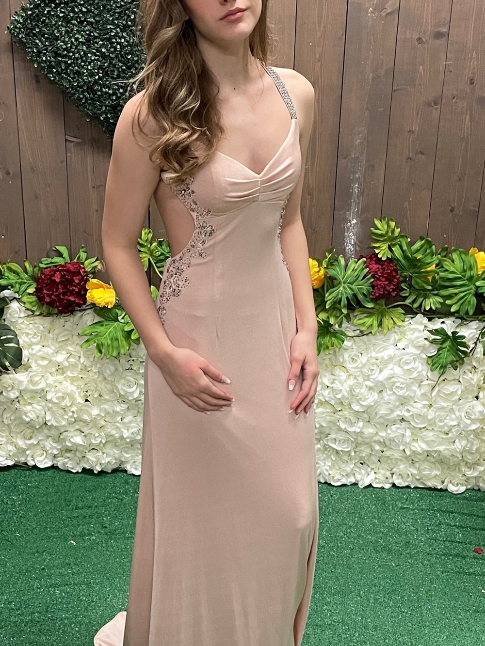 Elegant Blush Pink Evening Gown with Beaded Straps